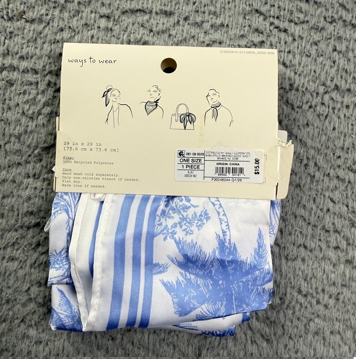 A New Day Satin Scarf Womens One Size Blue Floral Square Recycled Polyester New