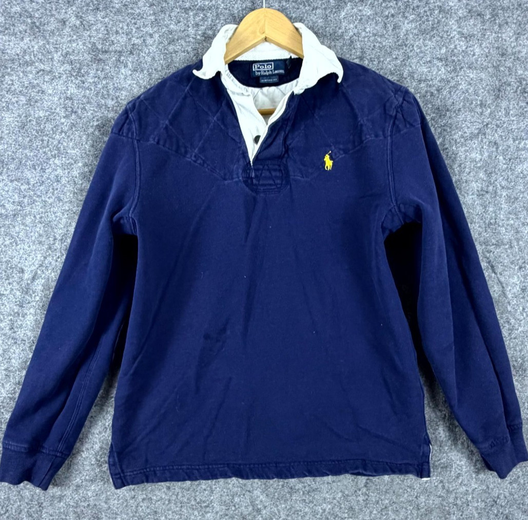 Polo Ralph Lauren Rugby Shirt Mens Medium Navy Blue Yellow Custom Fit Pony Logo