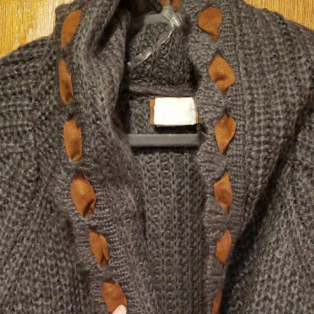 POL Gray Knit Cardigan Duster with Brown Ribbon Accents And Elbow Patches.