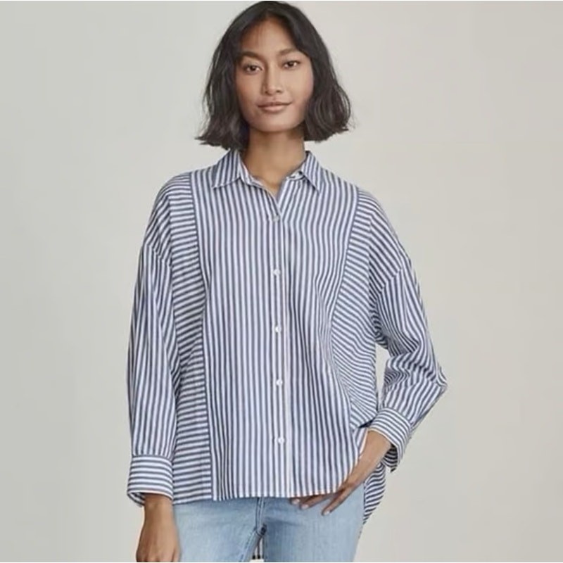 Elizabeth and James Stripe Button Up Shirt Size XL Blue White Long Sleeve Blouse