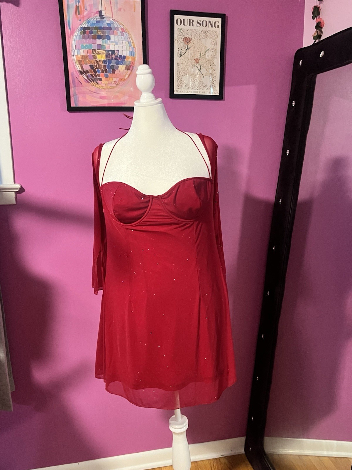 Fashion Nova Plus 2X Red Glitter Sweetheart Sheer Long Sleeve Short Dress