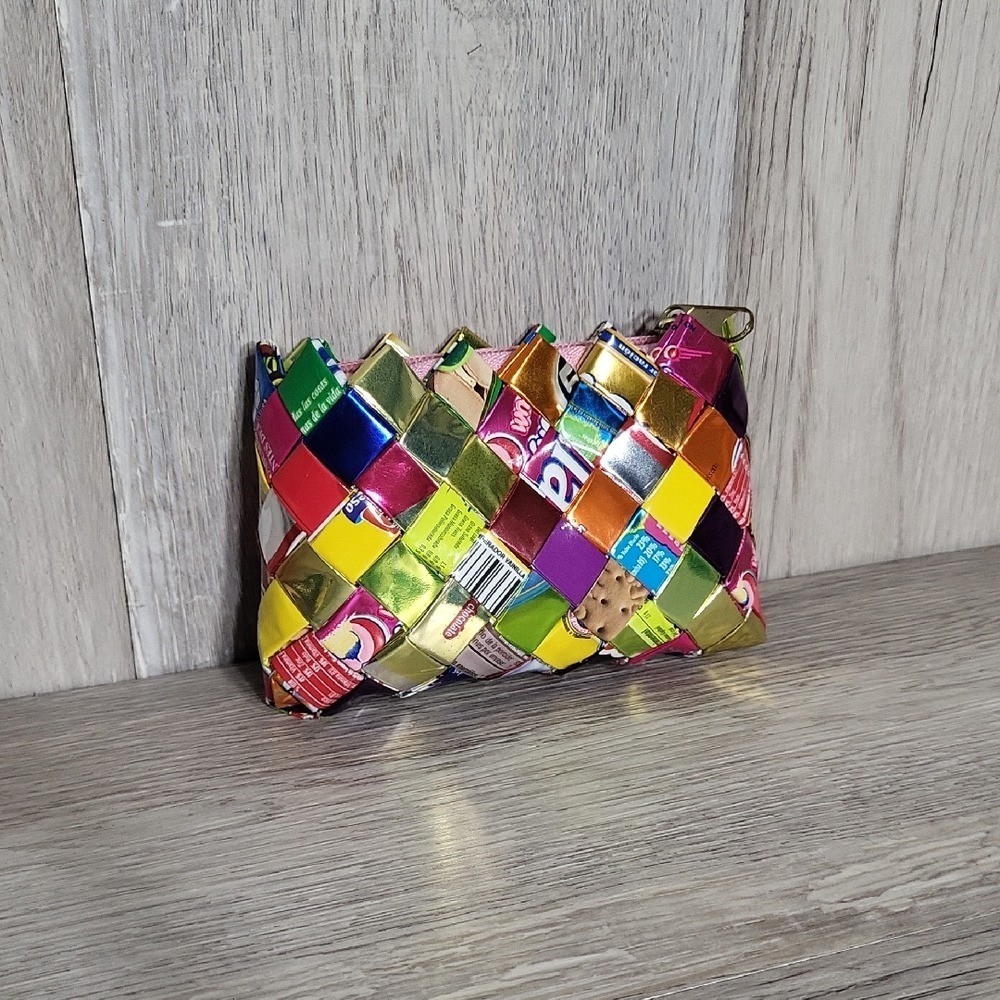 Recycled Wrapper Zippered Pouch Eco Friendly Upcycled Material Colorful