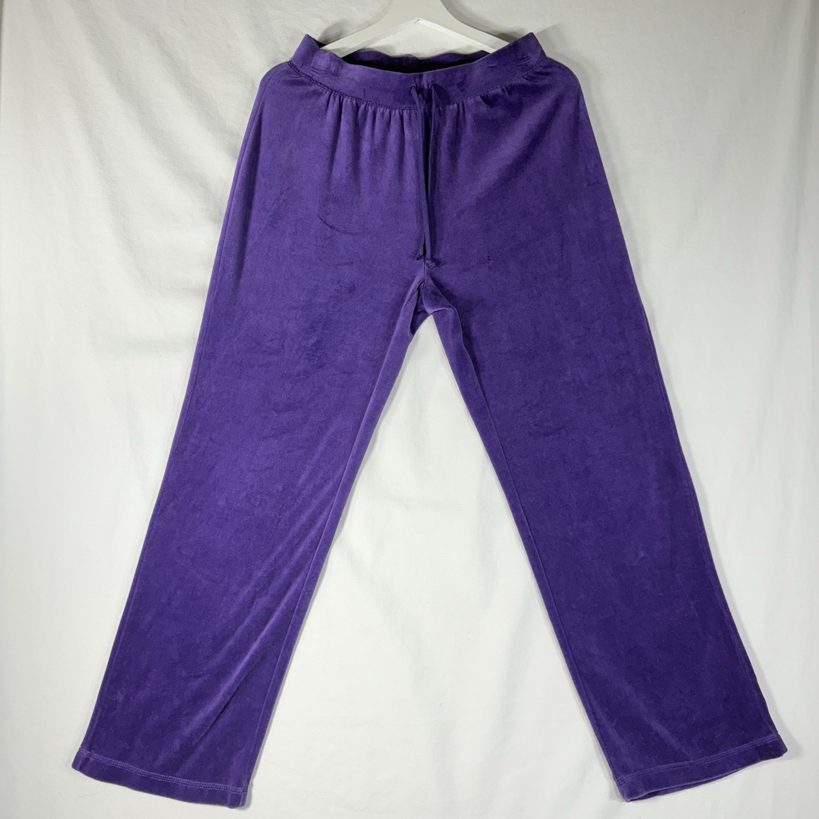 Womens Petite Purple Elastic Drawstring Waist Straight Wide Leg Velour Pull On