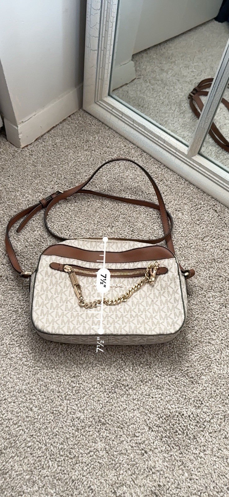 Michael Kors Monogram Small Crossbody Zip Bag Chain Strap Gold Beige/Brown