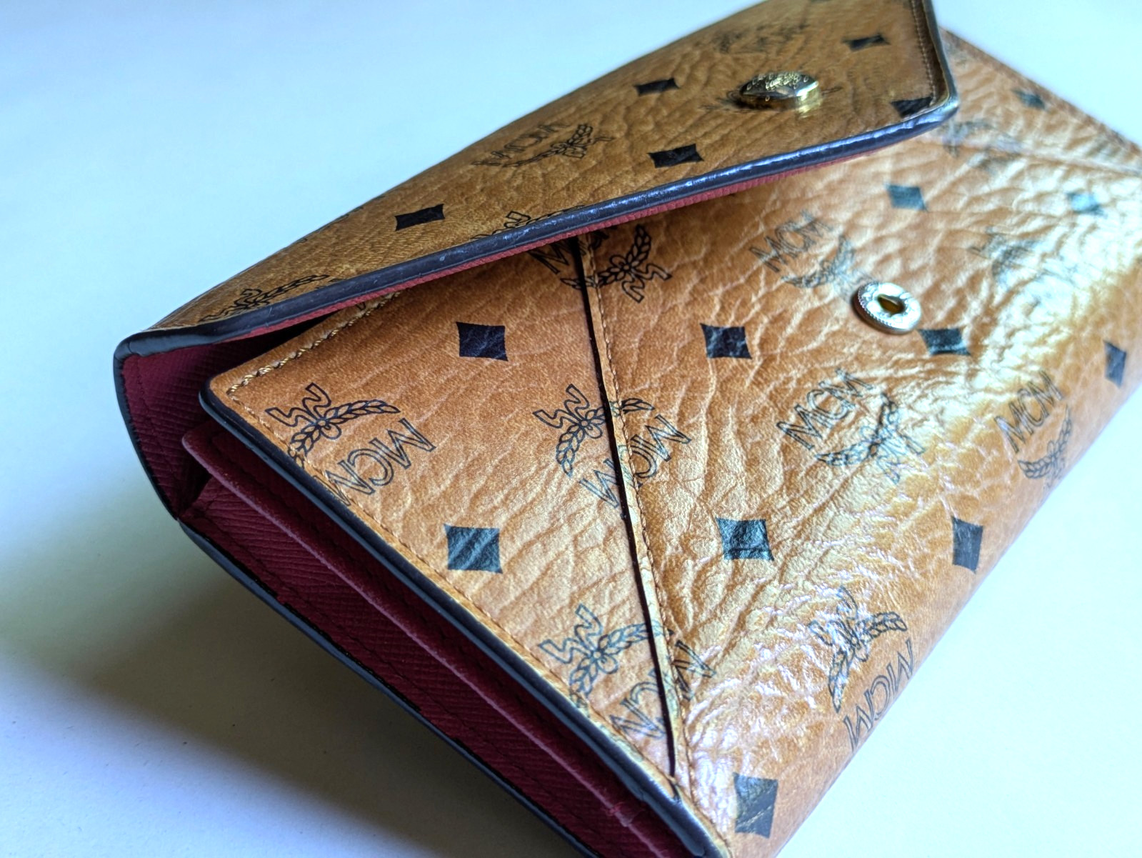 MCM Visetos Flap Long Wallet Cognac Brown Pink Bifold Authentic W7.5in H3.5in