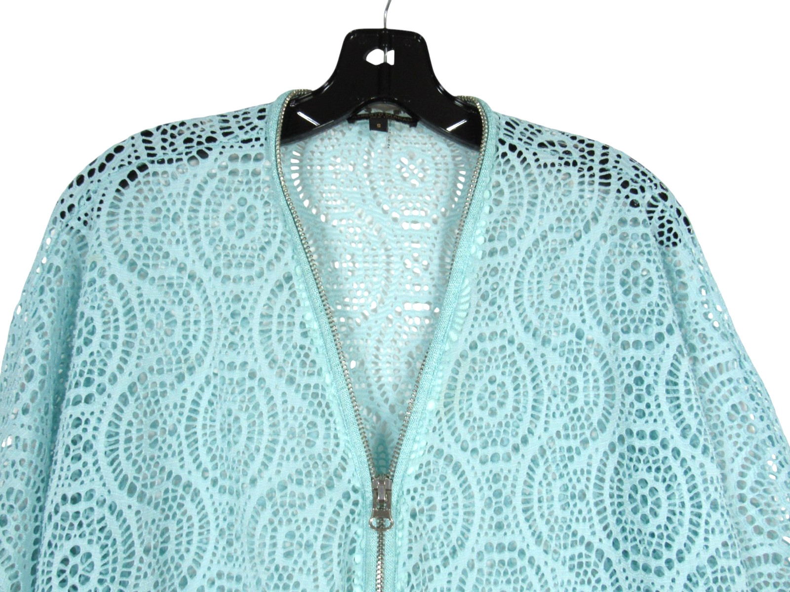 ALBERTO MAKALI Airy EYELET LACE Full Zip 3/4 SLEEVE Aqua Blue JACKET TOP Sz S