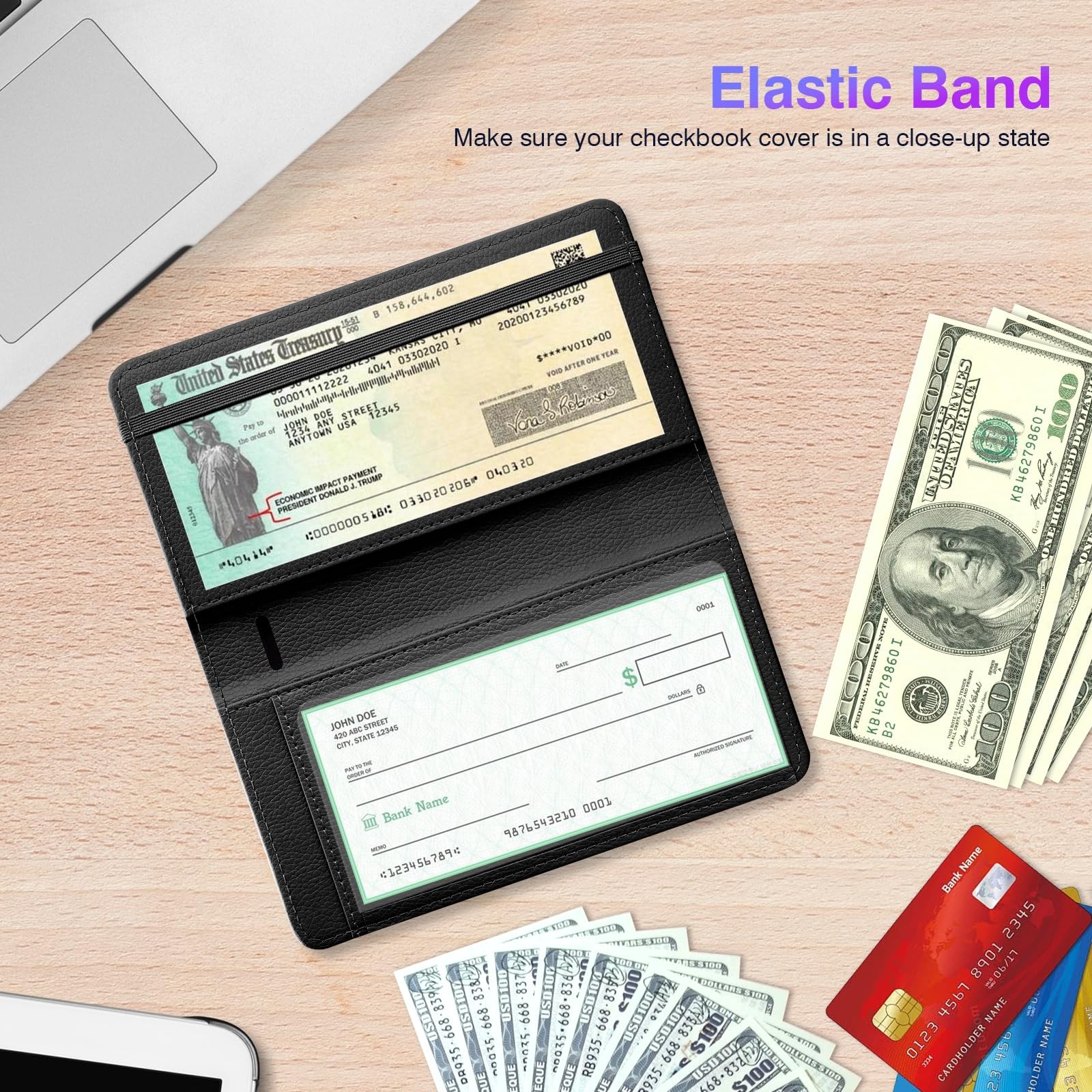 Checkbook Cover Patterned PU Leather Pen Holder Built-in Clear Plastic Divider