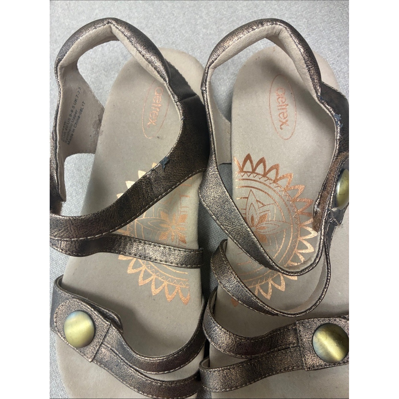Aetrex Metallic Bronze Girls’ Multi-Strap Sandals with Gold Buttons