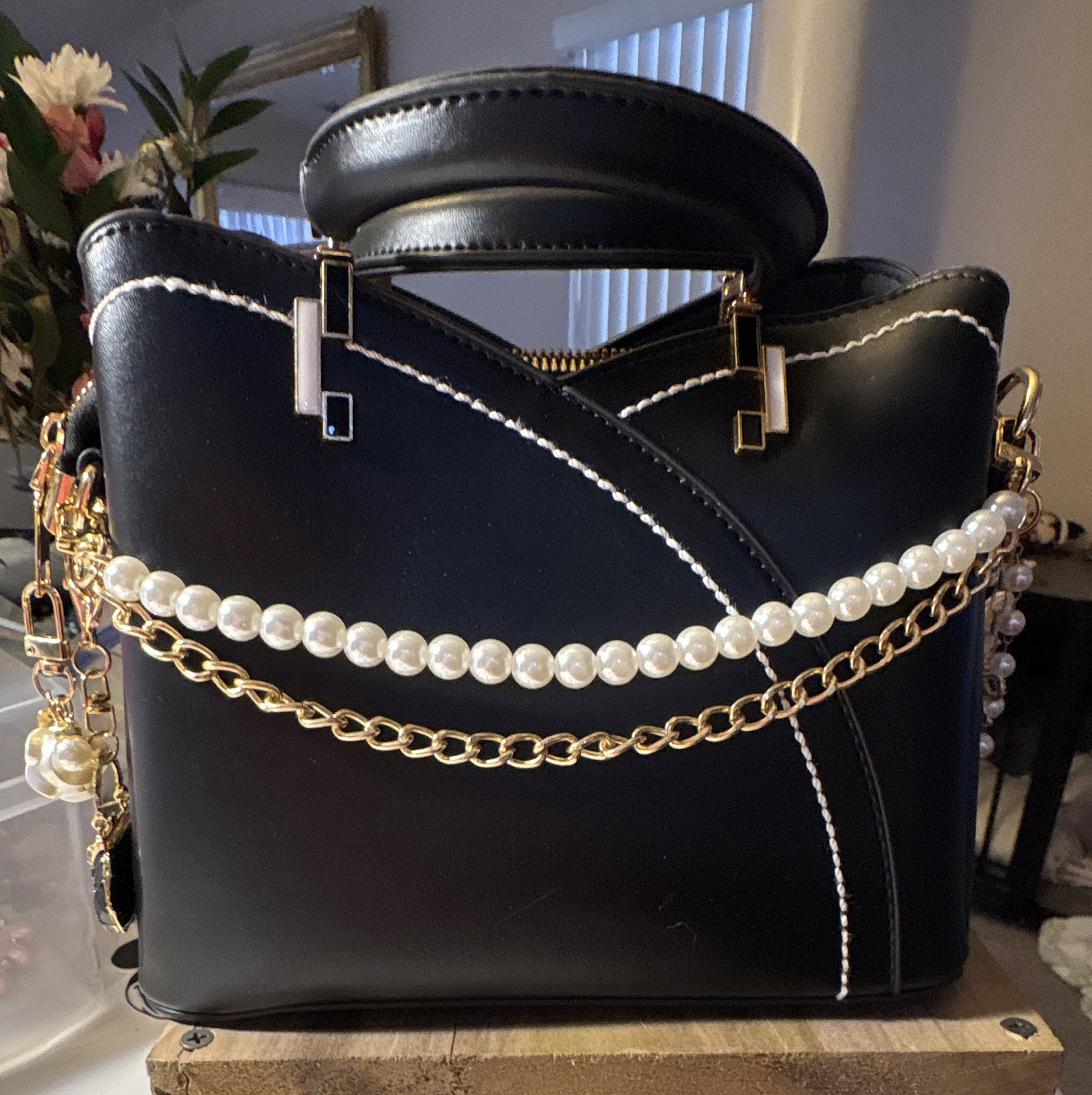 Black Women’s Satchel Top Handle Zip Inner Pockets Gold Pearl Chain Charm Strap