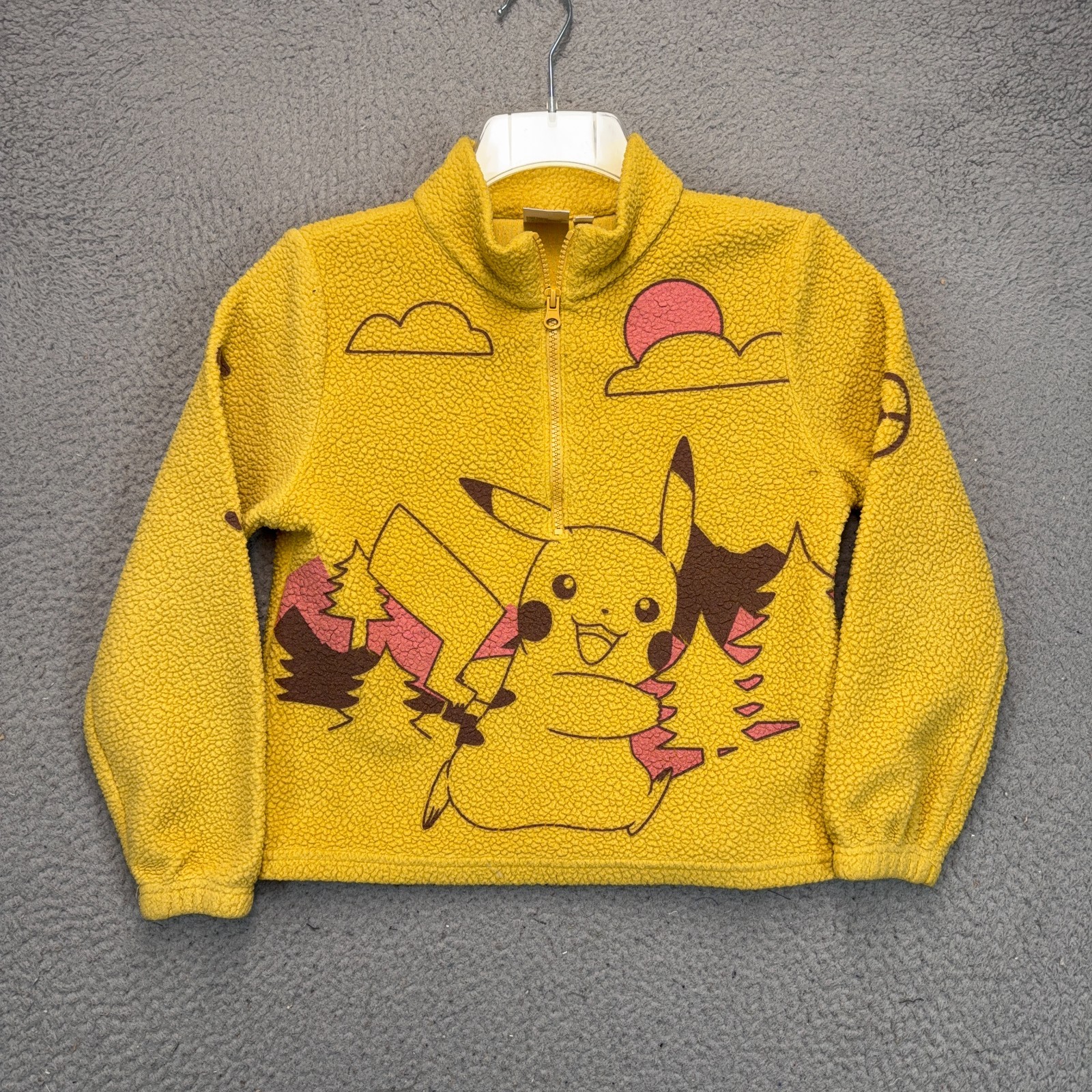 Pokemon 1/4 Zip Fleece Sweater Boys Large 10/12 Yellow Pikachu Pullover Cartoon