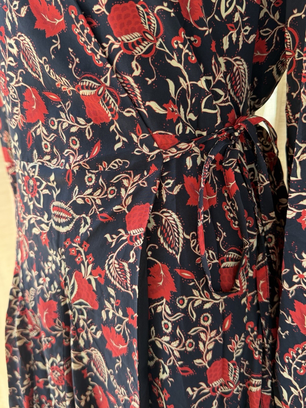 NWT RHODE Caro Black Red Cream Floral Fit & Flare Wrap Dress Long Puff Sleeve S