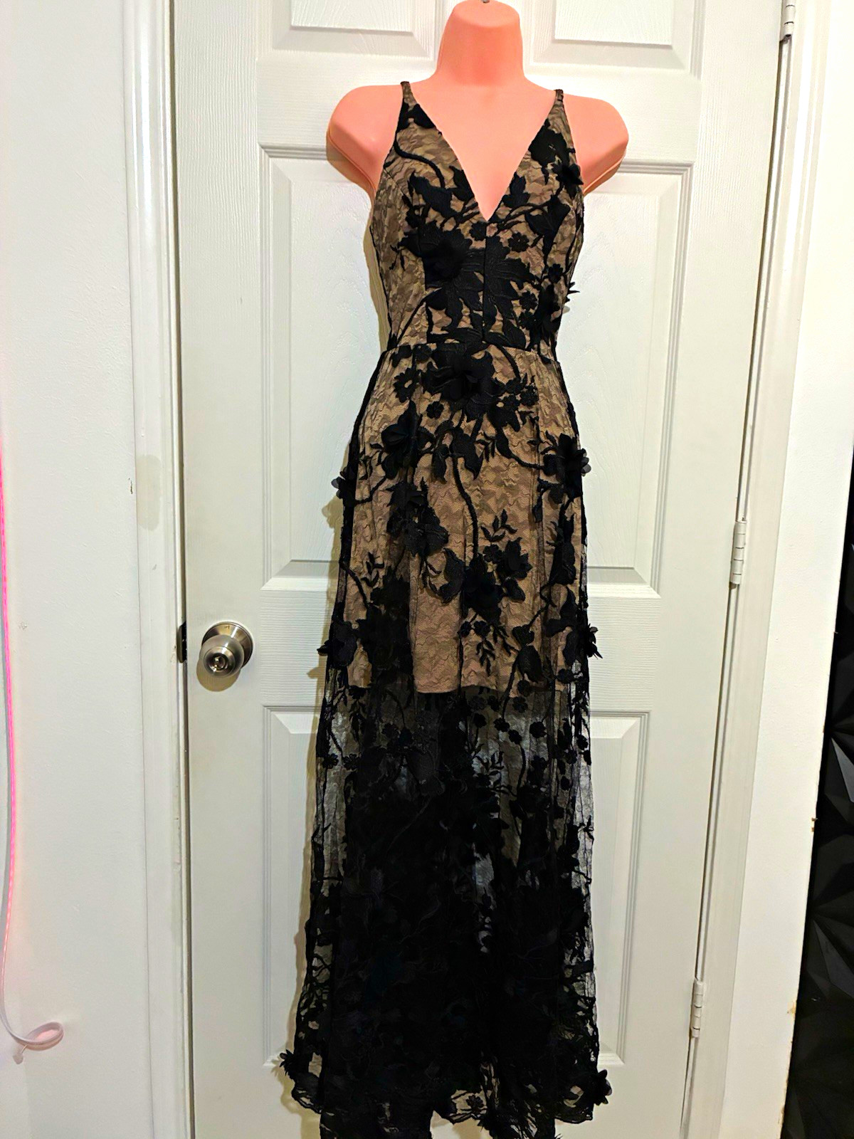 Dress The Population Black/Beige Floral Lace V-Neck Strappy Maxi Dress XS Zip