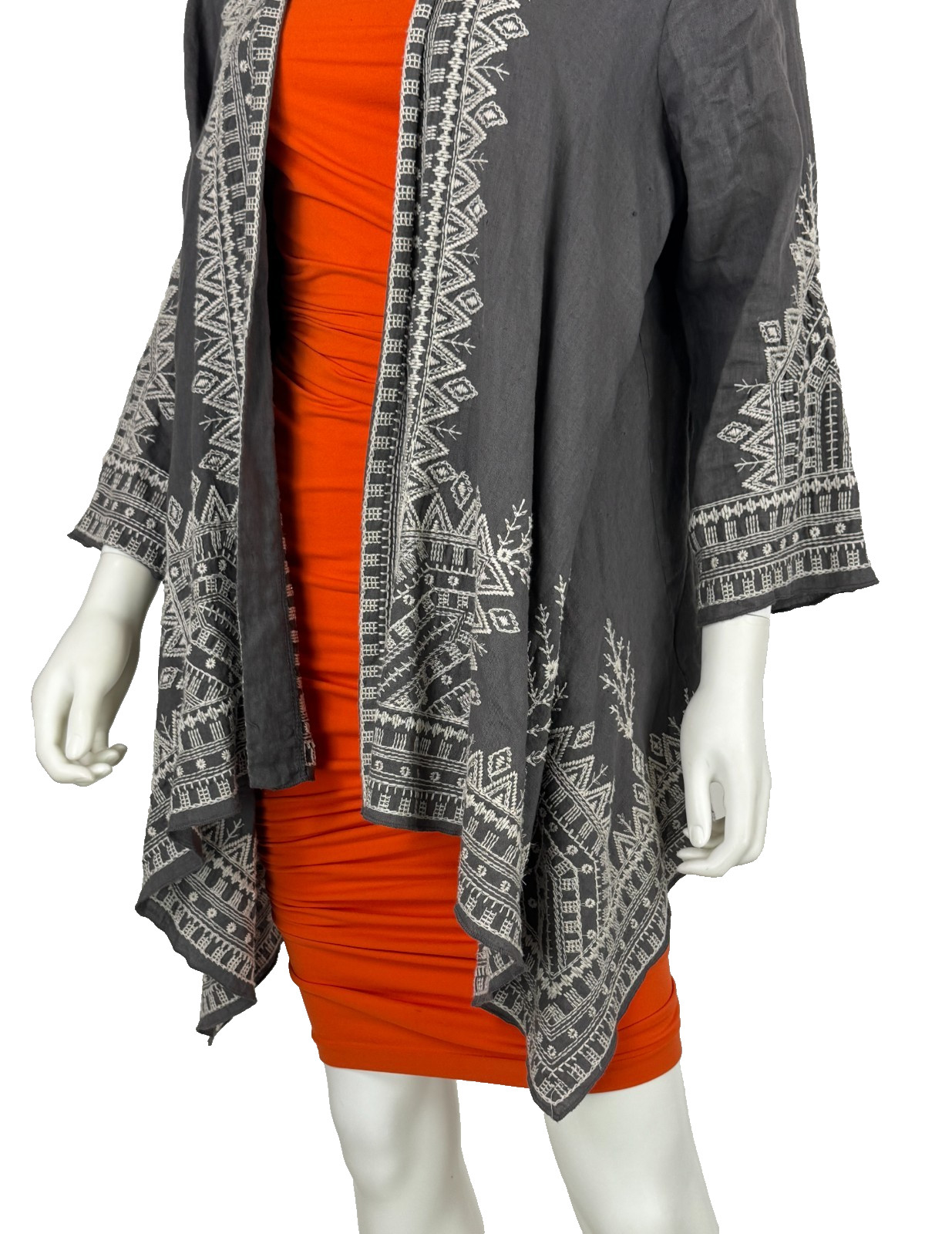 Johnny Was Gray 100% Linen Kimono Cardigan Top 8 10 US 44 46 IT M Embroidered