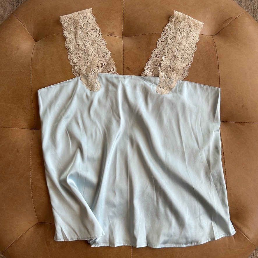 Silk Lace Trim Cami Tank Top Soft Blue Lingerie Inspired Coquette Layering L