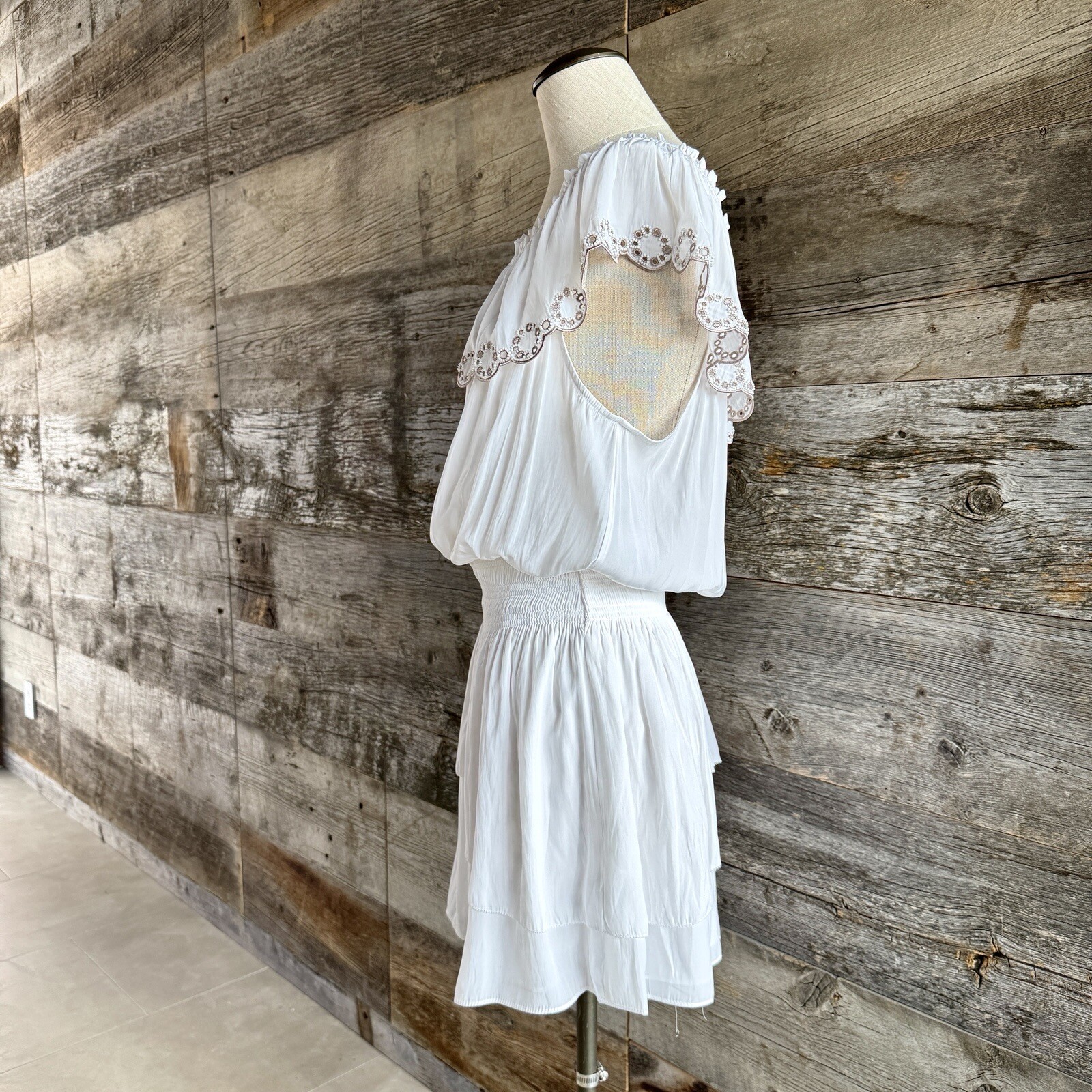 Ramy Brook Cynthia Off The Shoulder Mini Dress L White Ruffle Tier Beaded Eyelet