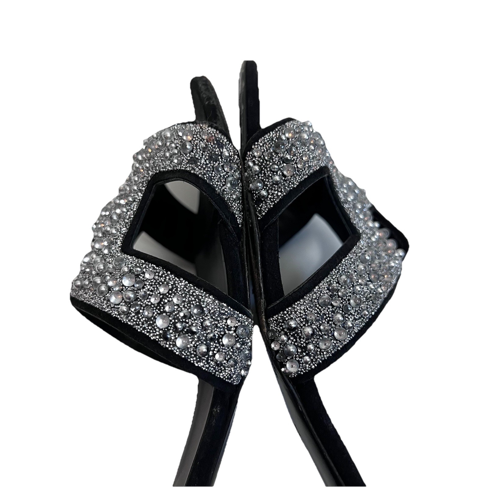 Hermès Oran Crystal Heeled Mule Sandals Black Leather 40 Silver Glitter Heels