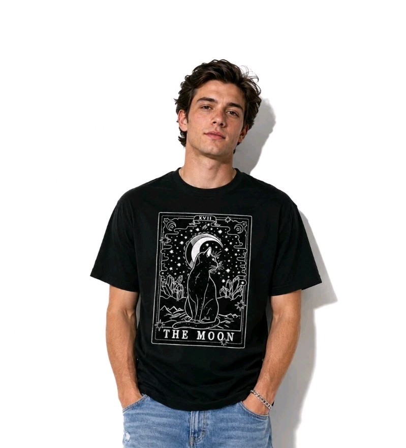The Moon Tarot Card Cat T-Shirt – Mystical Celestial Black Cat Graphic Tee