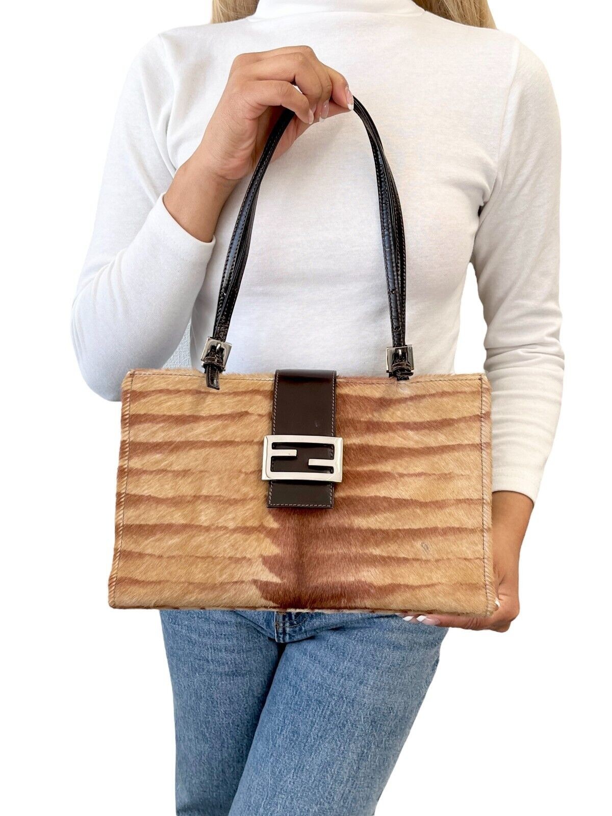 FENDI Vintage FF Logo Shoulder Bag Tote Bag Brown Silver Calf Hair Leather