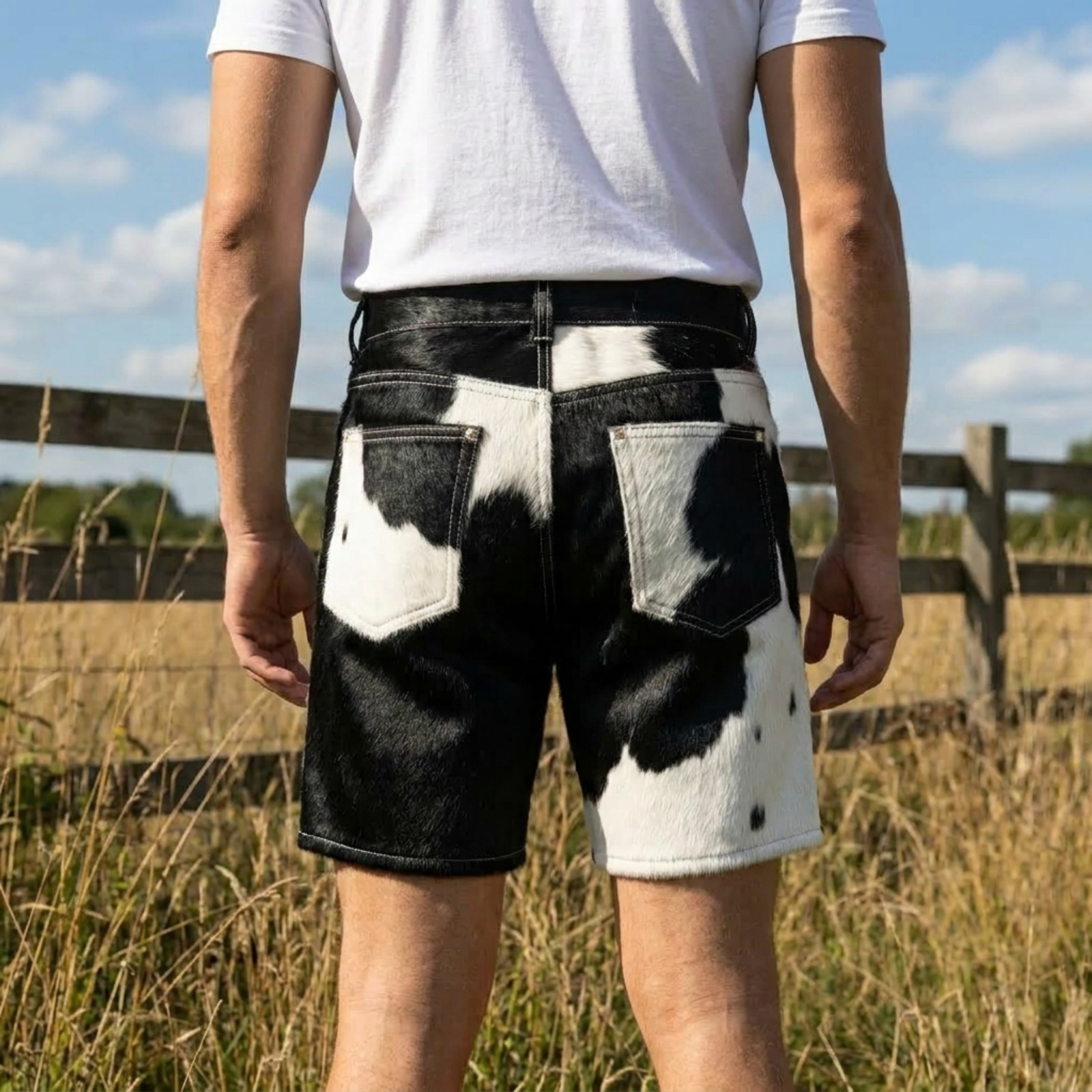 Men’s Natural Cowhide Hair On Leather Shorts Black White Western Rodeo Pants