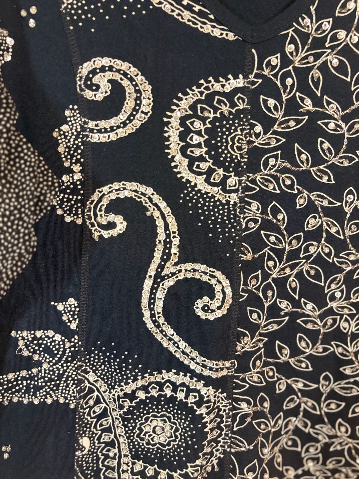 Bila Woman’s Black Navy Blue Sequin Embellished Paisley Floral V-Neck Top