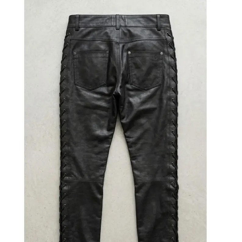 Men’s Genuine Leather Lace-Up Pants Black Western Biker Motorcycle Trousers