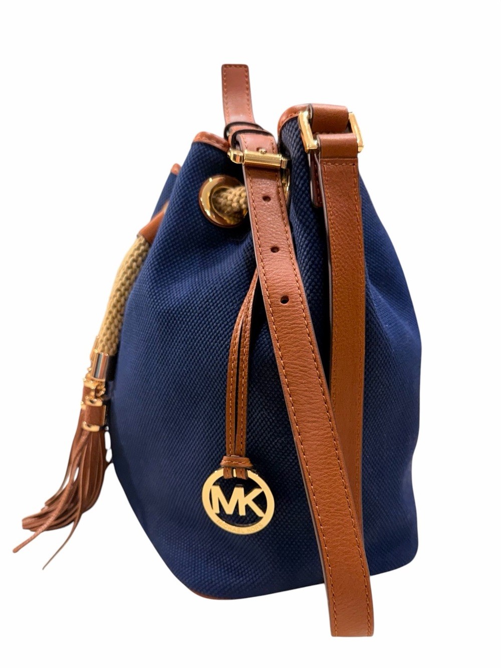 Michael Kors Marina Navy Canvas Tote Tan Leather Trim and Beige Drawstring NWOT