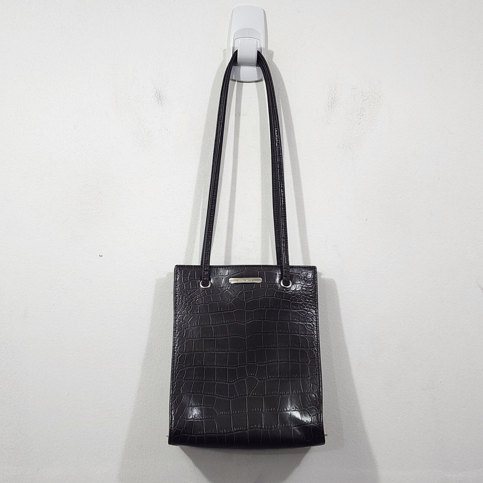 Vintage 90s Nine West Croc Embossed Shoulder Bag Brown Faux Leather Nylon Lining