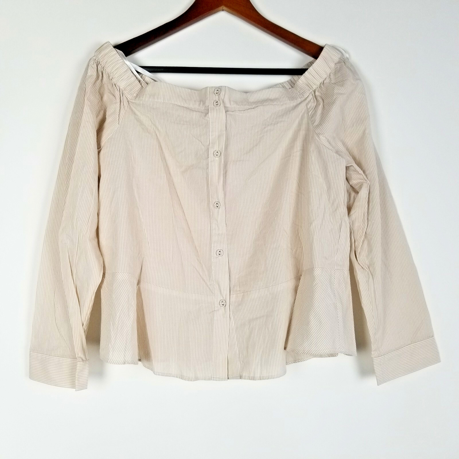 Naked Zebra Womens Size M Beige White Striped Off The Shoulder Button Up Sheer