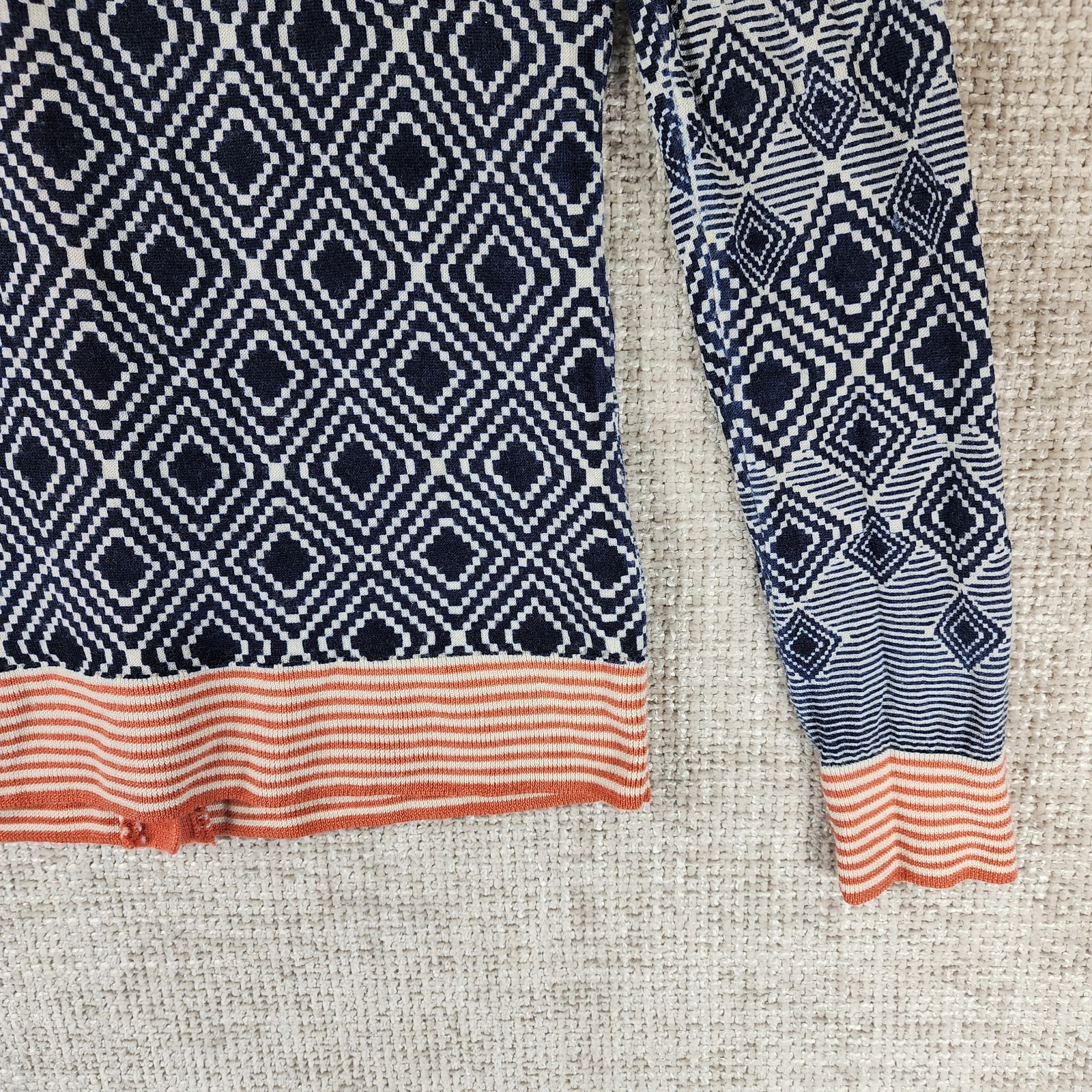 Tory Burch 100% Wool Geometric Print Cardigan Sweater Womens *XS-S Navy Chest 30