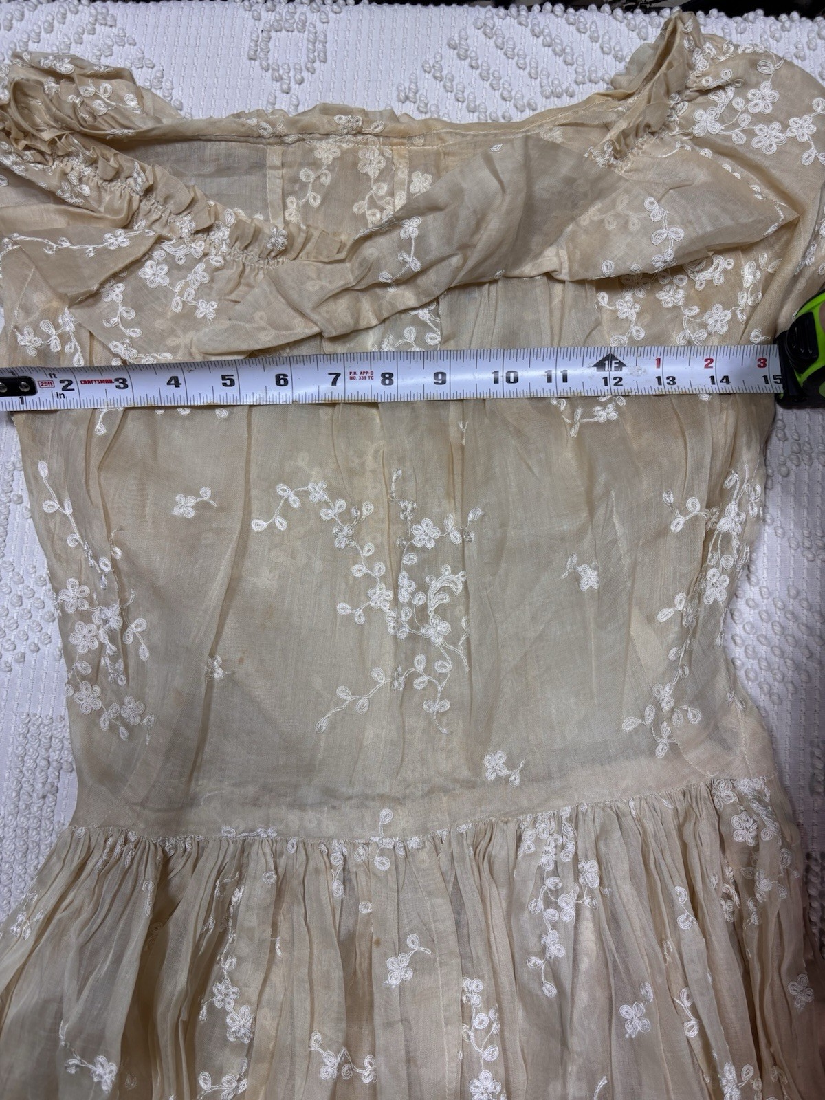 Post 1930s Sheer Organdy Party Dress Formal Embroidered Tea Gown Talon Side Zip