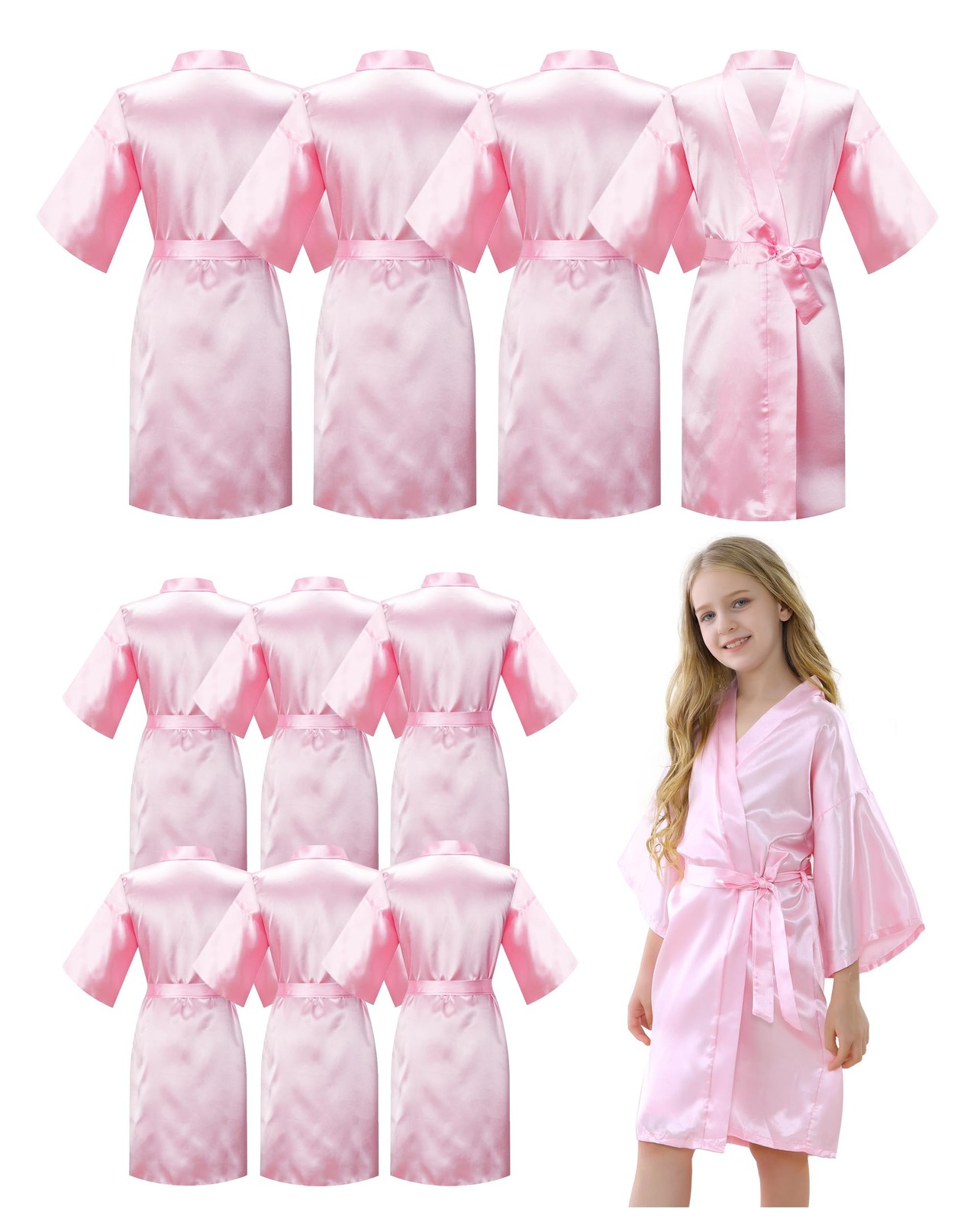MORFORU 10pcs Girls Kids Solid Color Silky Satin Kimono Robe set for Wedding Spa