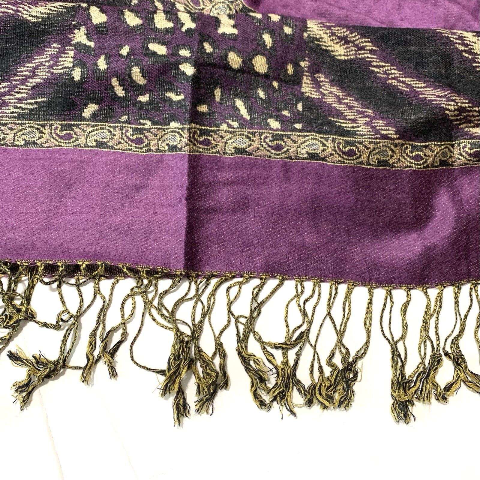 100% Pashmina Purple Black Geometric Fringe Animal Print Scarf Shawl 68″X26″