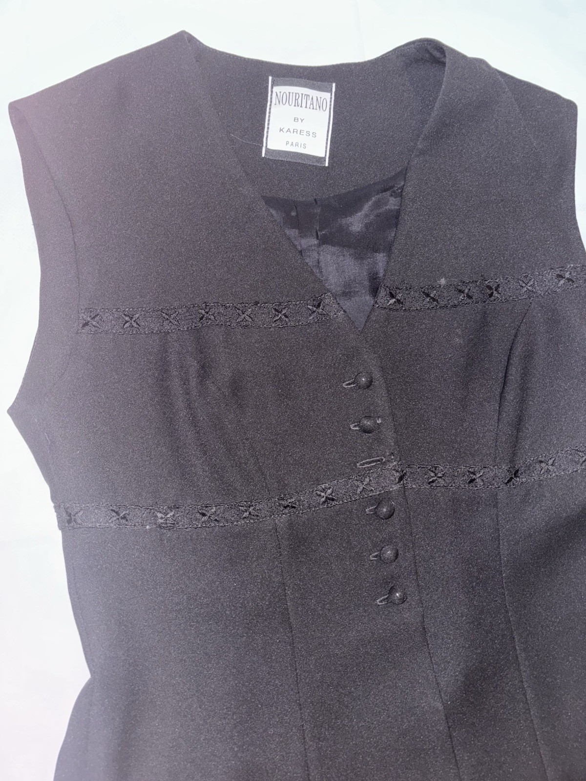 Nouritano By Karess Paris Sleeveless Black Button Up Tunic Lace Hem Vintage