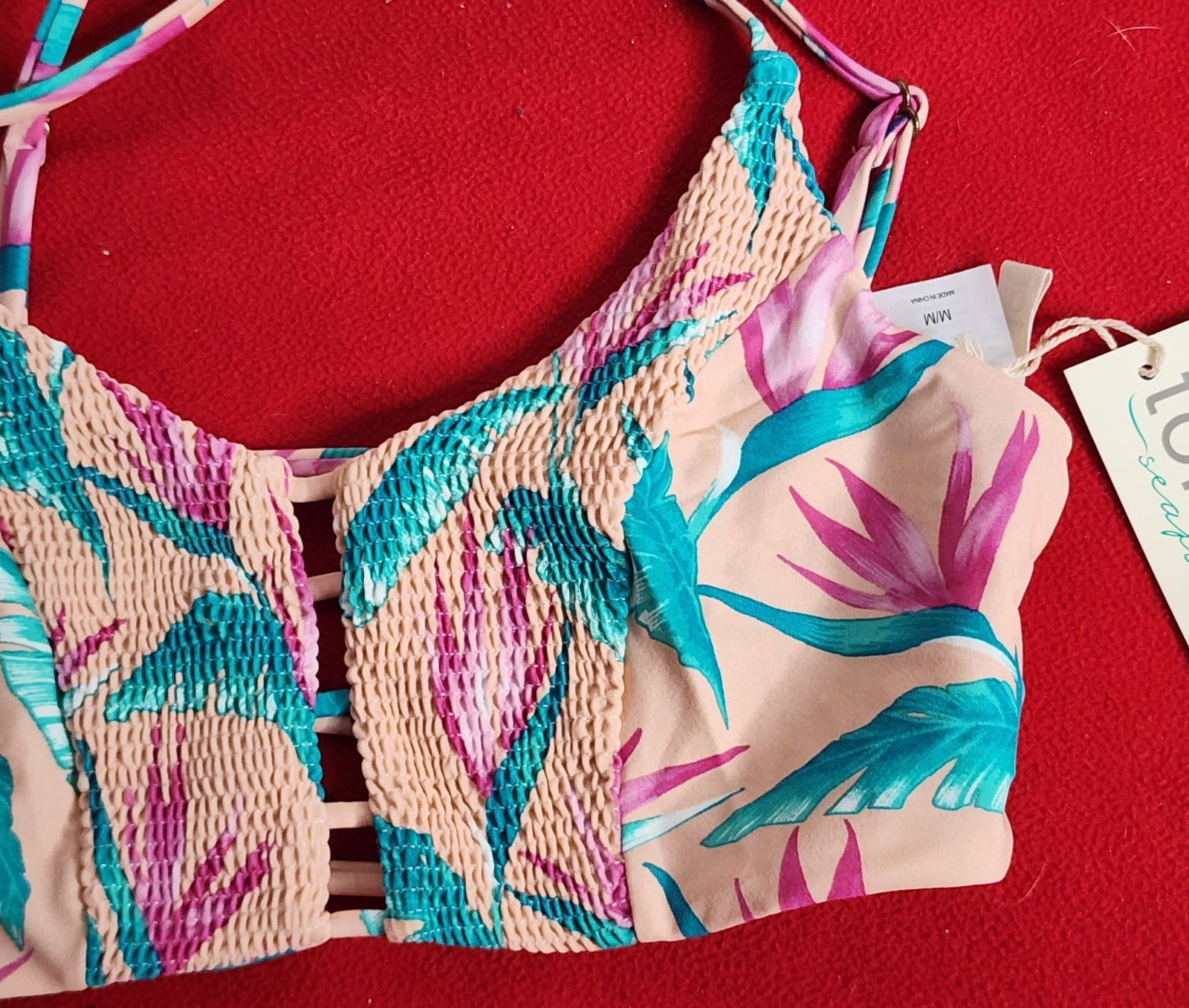 Tori Praver Swimwear Nylon Span Lined Petal Pink Floral Bikini Top Size M