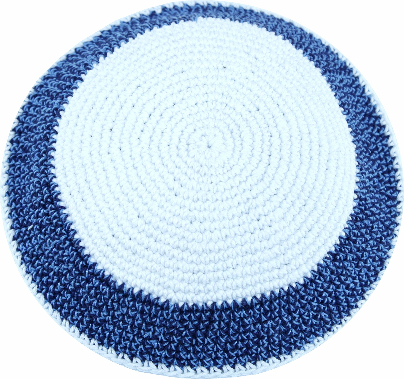 White / Sky and Dark Blue 17cm DMC 100% Knitted Cotton Kippah Yarmulke SkullCap