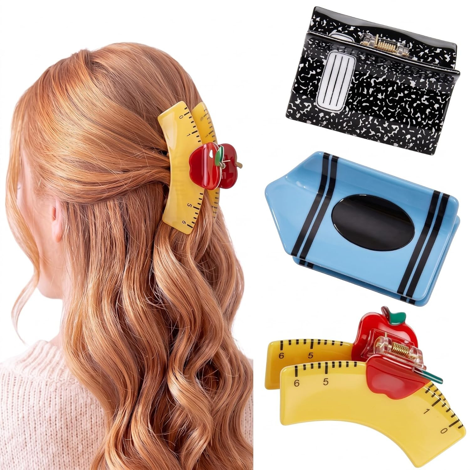 3 Pcs Back to School Gift Crayon Notebook and Apple Ruler Hair Claw Clips for Wo
