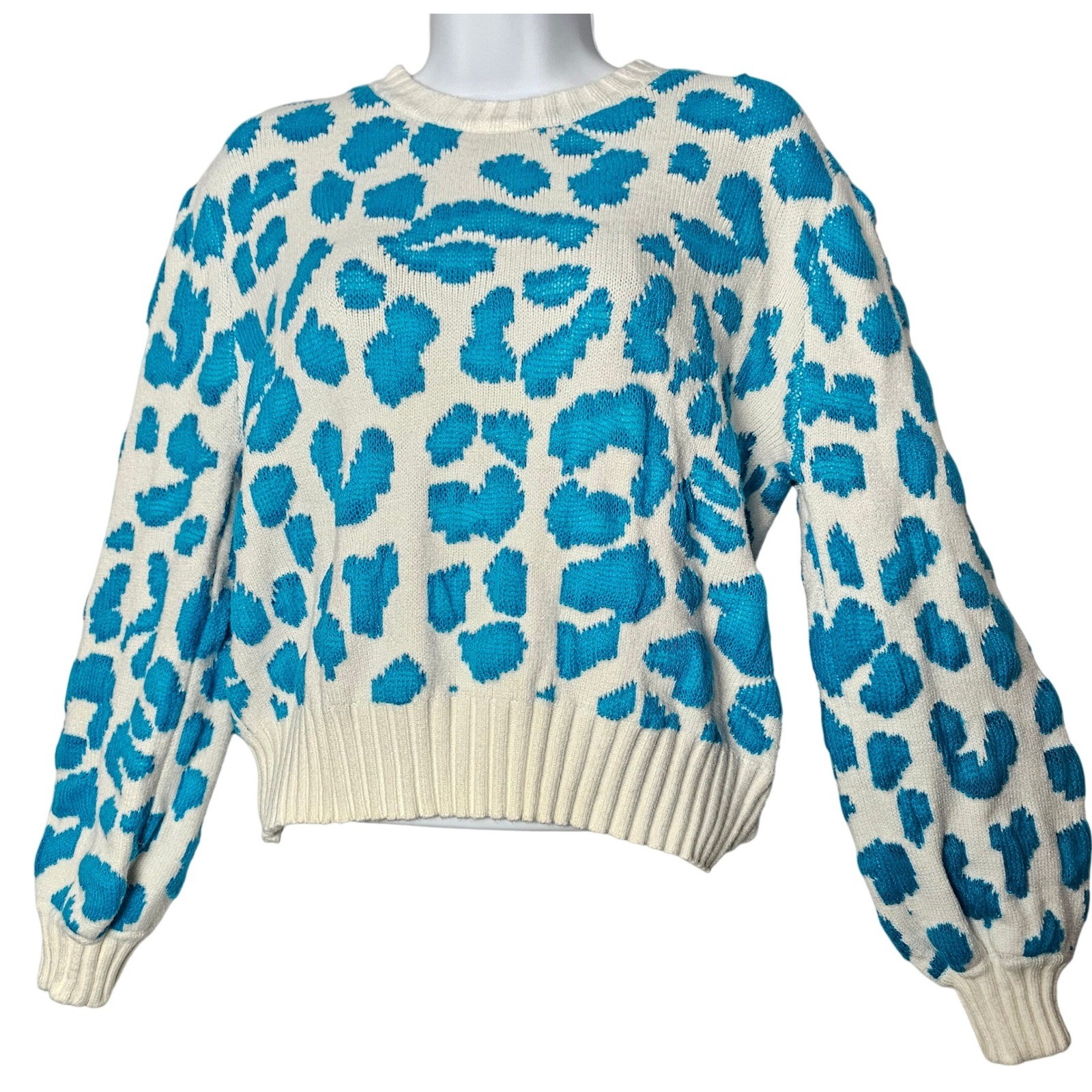 En Creme Womens Turquoise Leopard Print Crew Neck Bishop Sleeve Sweater Medium