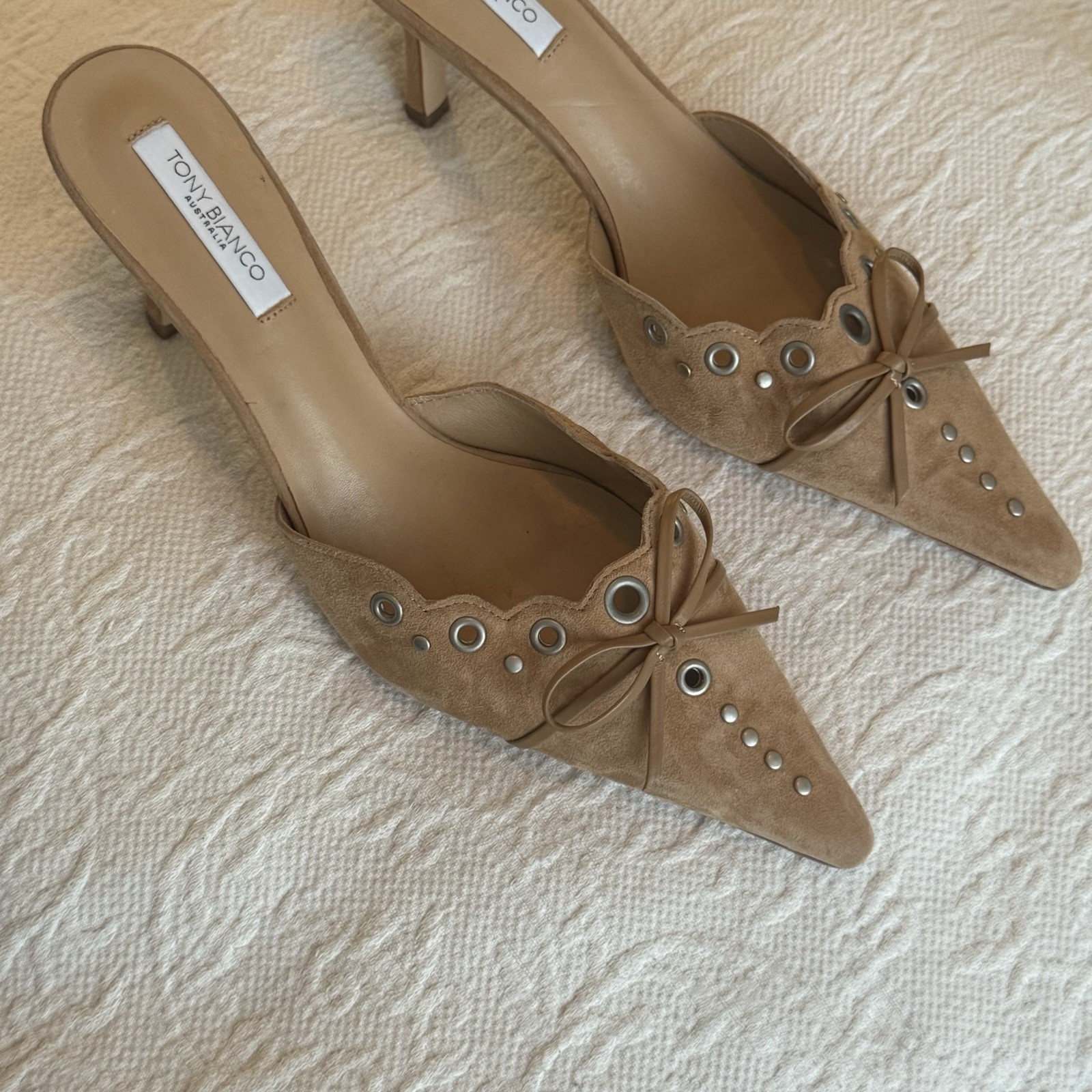 Tony Bianco Tan/Brown Shae Mule Kitten Heels in Butterscotch Suede Size 10