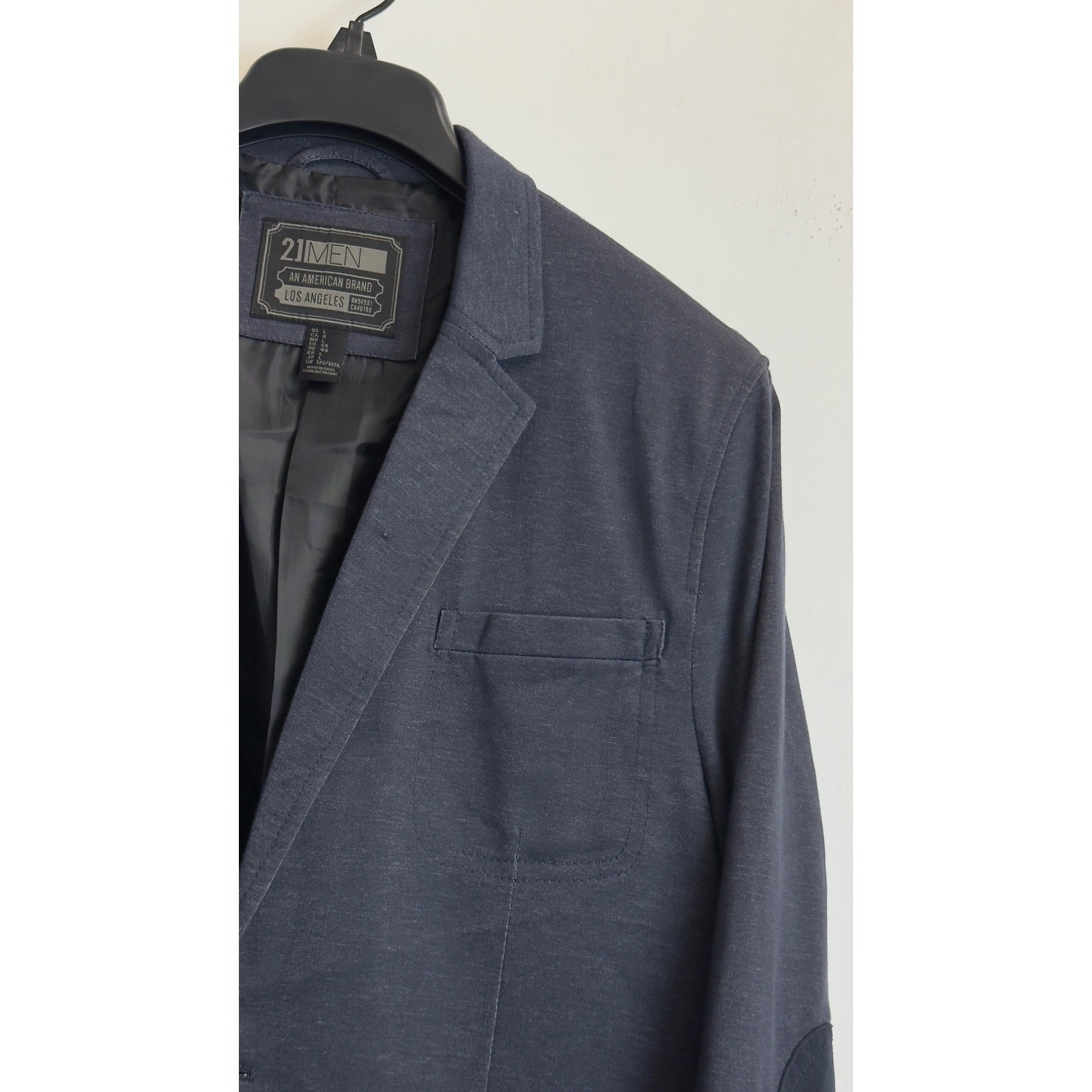 21Men Mens Navy Blue Knit Blazer Jacket Elbow Patches Size Large Two Button