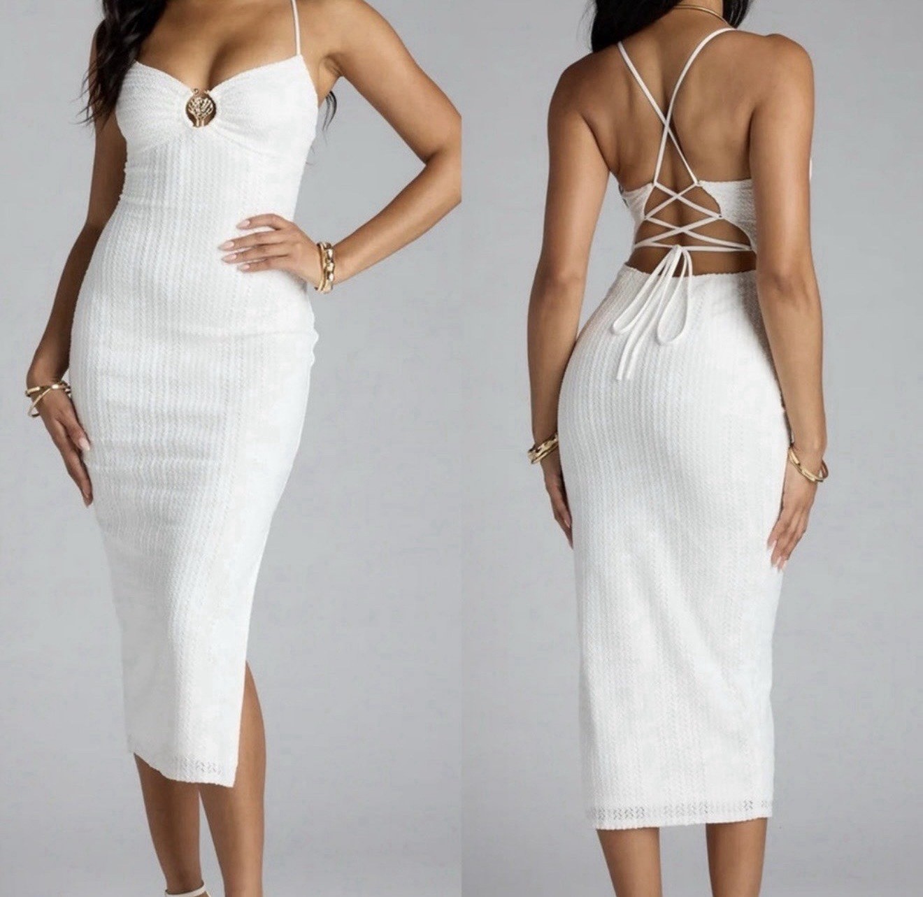 Windsor Ivory Lace Up Knit Seashell Split Bodycon Midi Dress Size XS