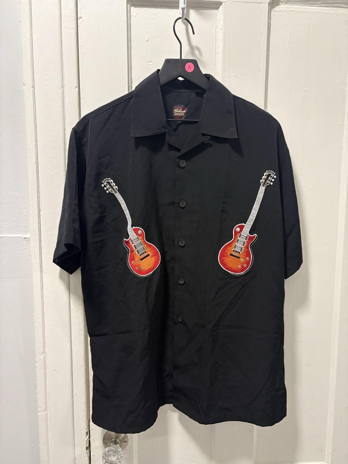 Gibson Tour Wear Shirt Mens Medium Black Double Guitar Embroidered Button Up