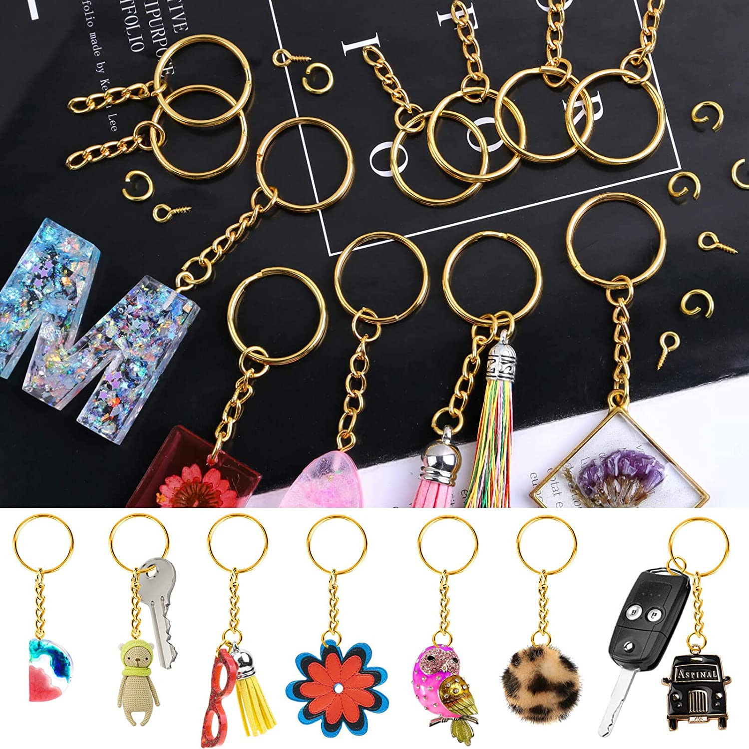Keychain Rings Kit for Crafts Gold, PAXCOO Includes 100Pcs Split Key Ring with C