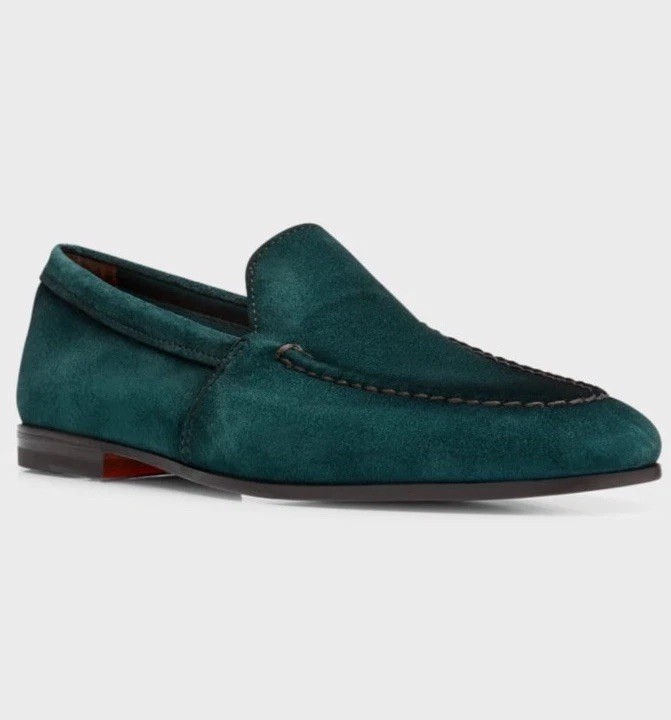 Santoni Men’s Slip-On Shoes Loafers Size 9 US 10 in Green Suede Made in Italy