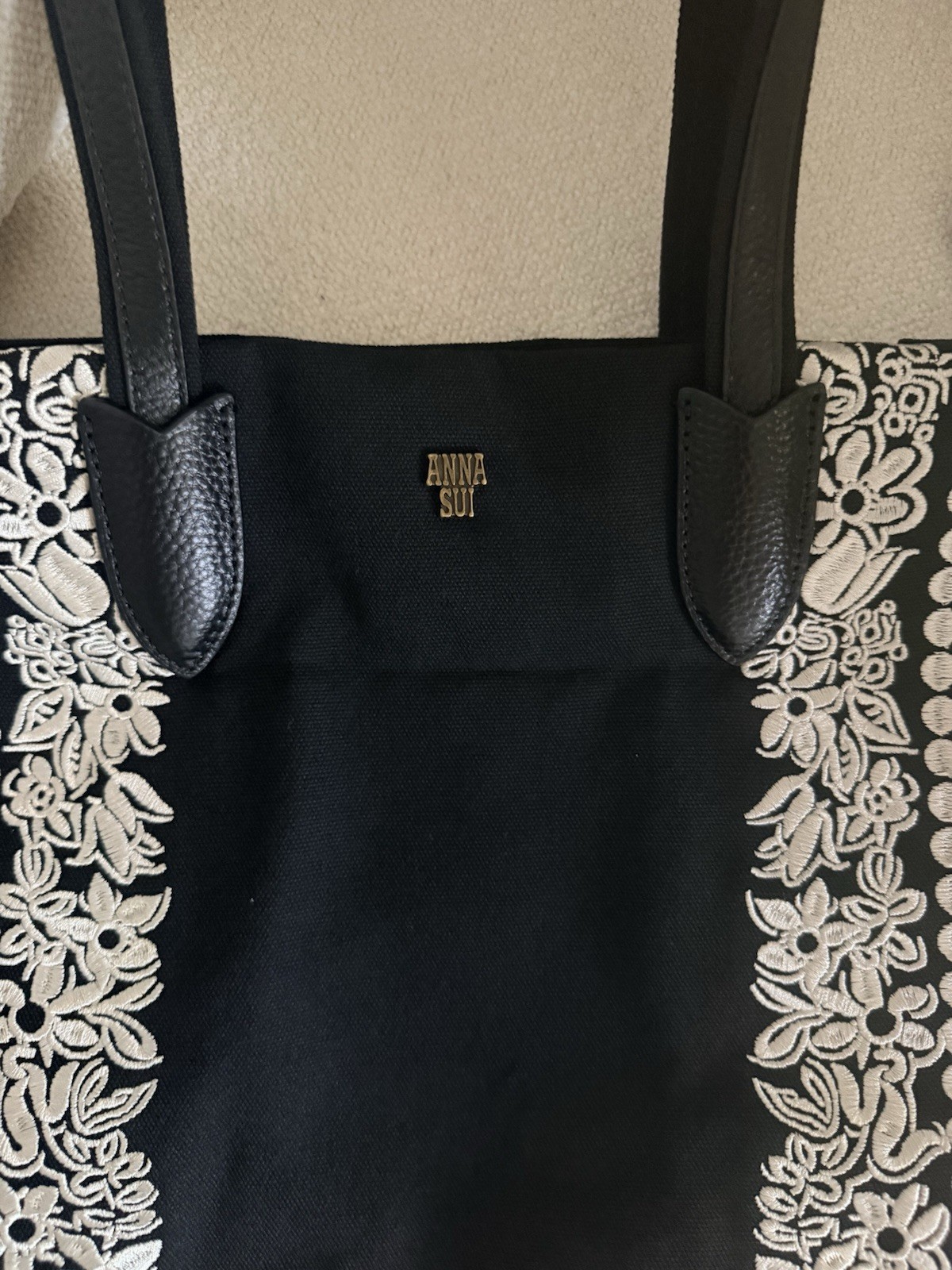 Anna Sui Black & White Floral Embroidered Tote Bag, Double Handles, Women