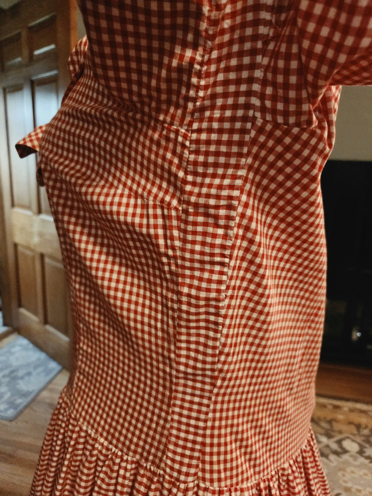 Vintage 40s 50s tiered long Red Gingham dress, Stupendous 600″ sweep! B42″, W34″