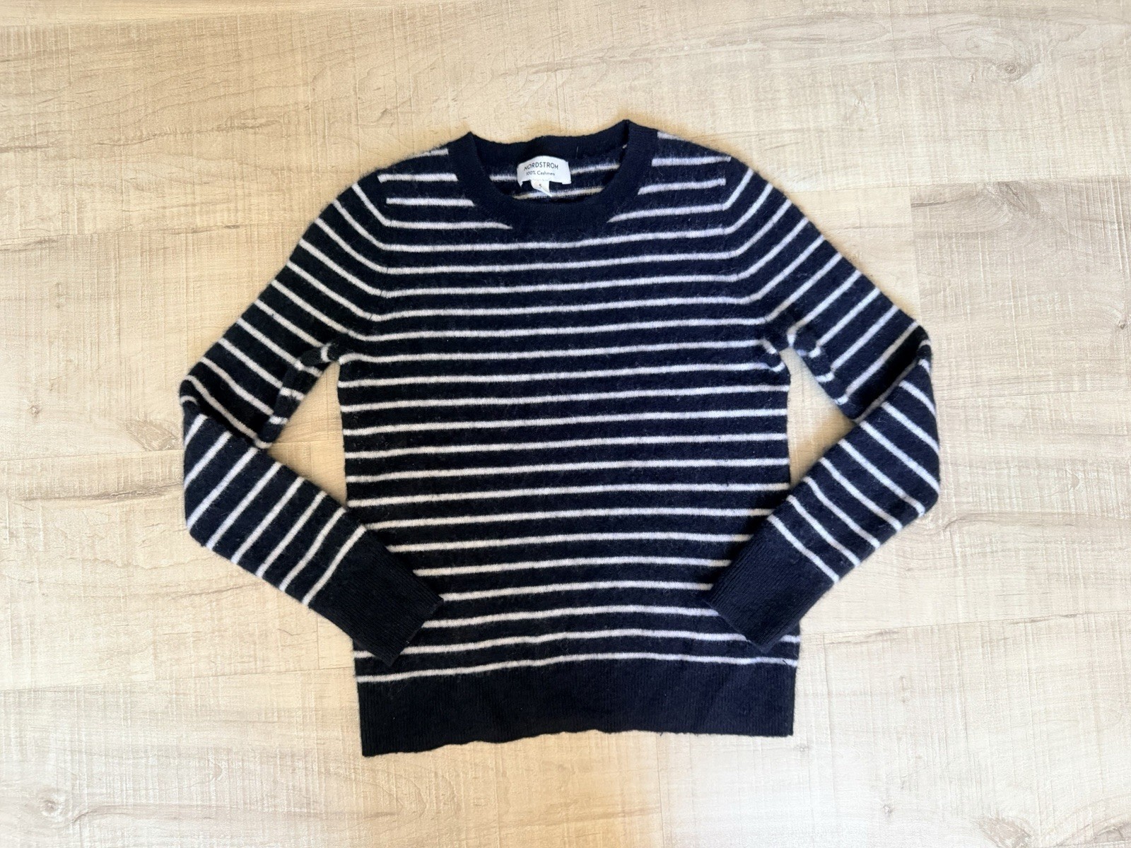 100% Cashmere Striped Crewneck Sweater Small Black White Nautical Classic