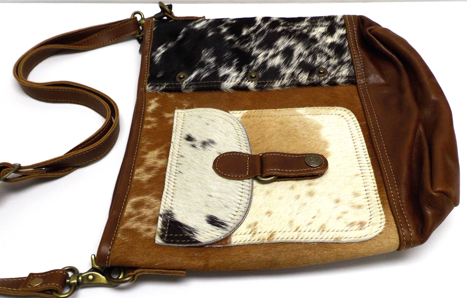 MYRA Bag Brown/White/Black Cowhide Leather CROSSBODY Hair-On Adjustable Straps
