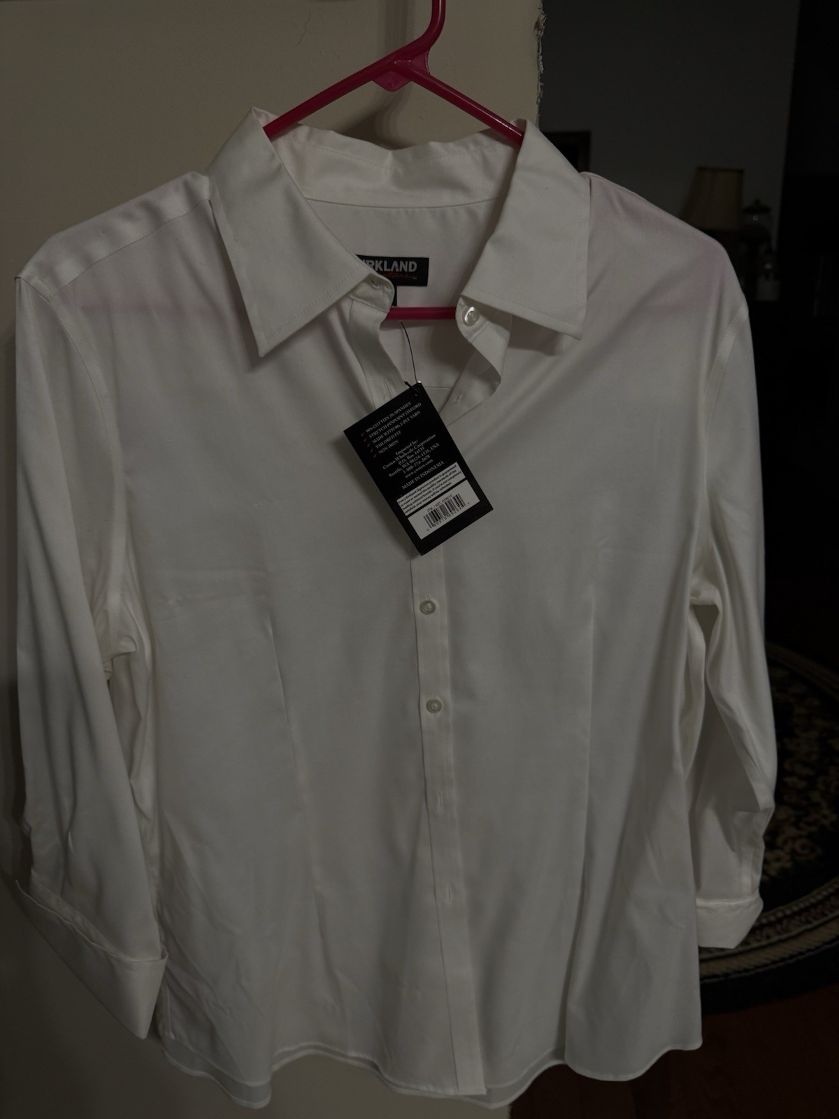 Kirkland Signature White Satin Collared Long Sleeve Stretch Non-Iron Shirt L