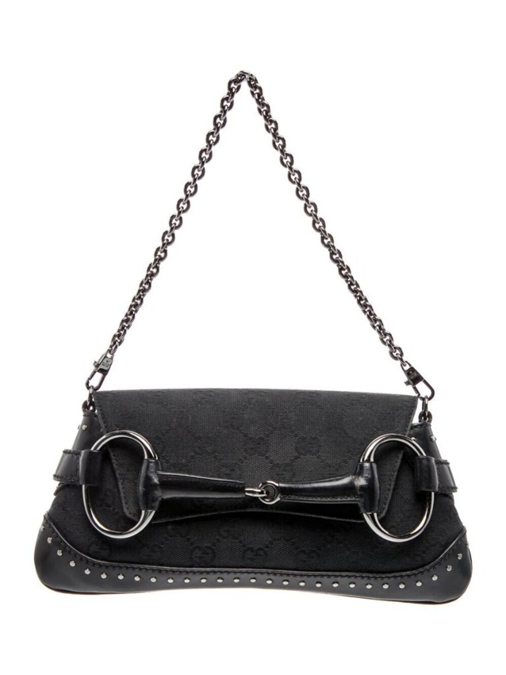 Gucci GG Canvas Horsebit Chain Small Black Shoulder Bag Silver Studded, LUX