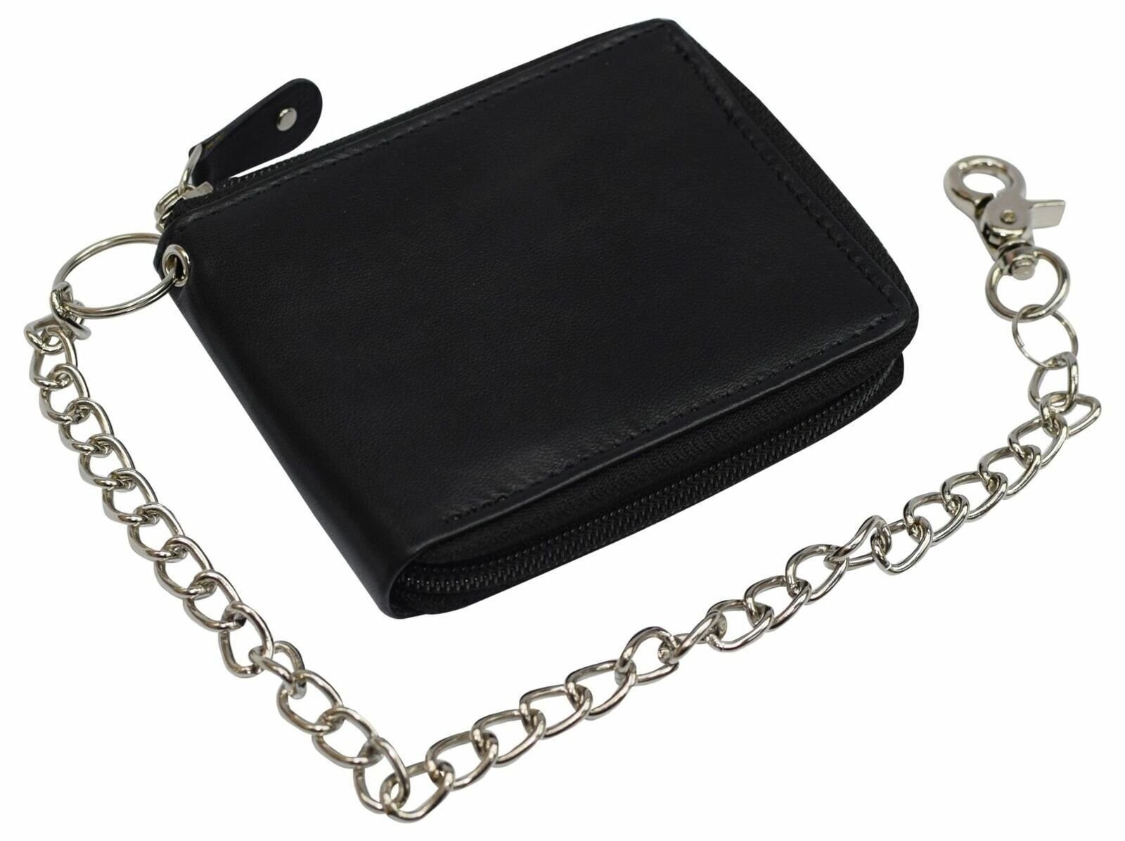 Men’s Zipper RFID Blocking Premium Leather Zip-Around ID Bifold Biker Chain Wall